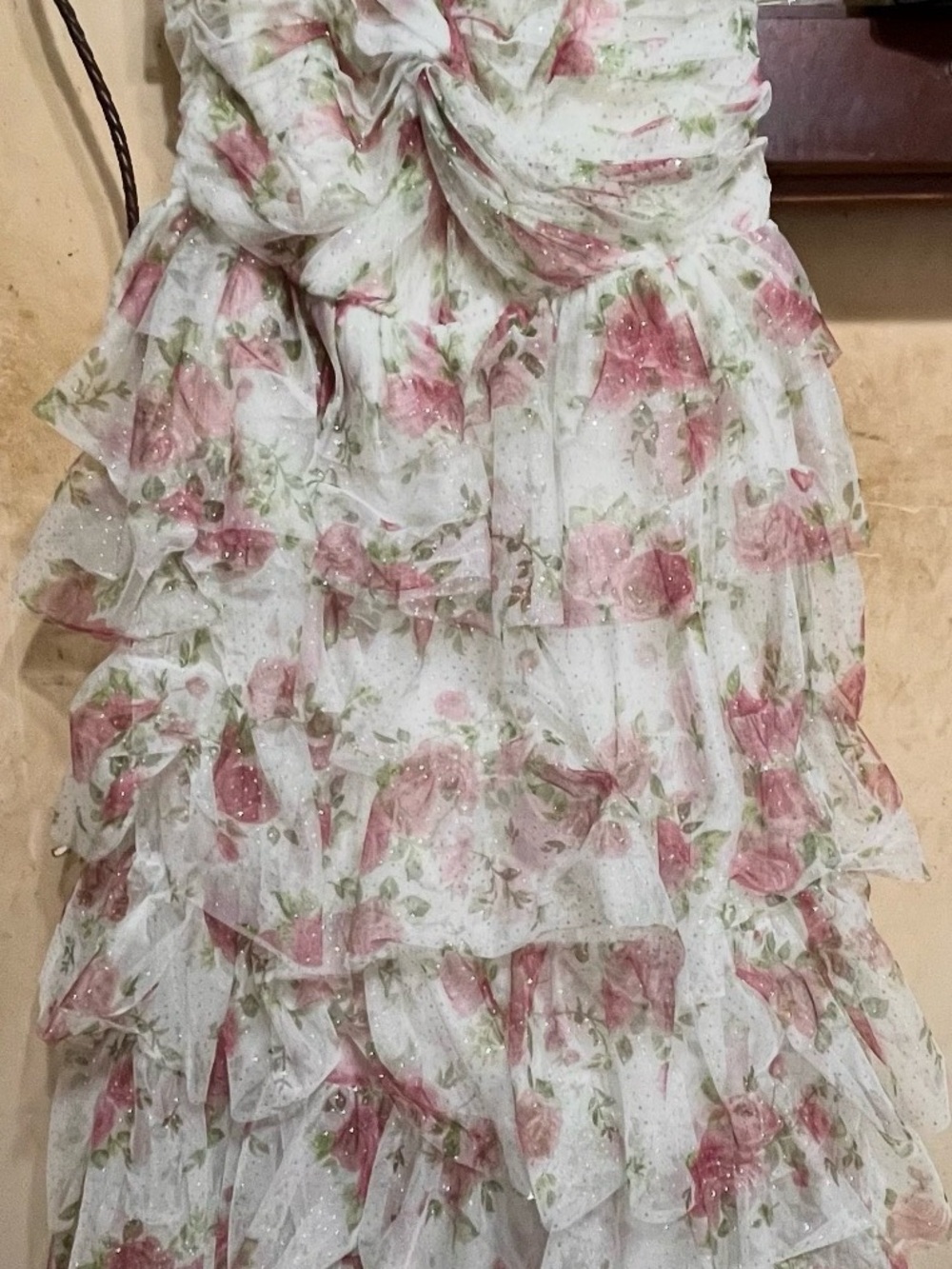 Macy's Pink and Green Floral Tiered Ruffle Prom Dress